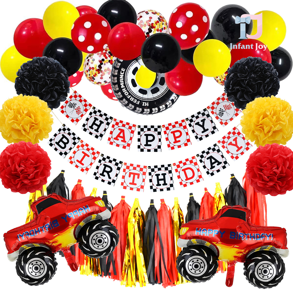 75-piece giga set of balloons (foil and latex), pompoms and hangings Happy Birthday Monstertruck