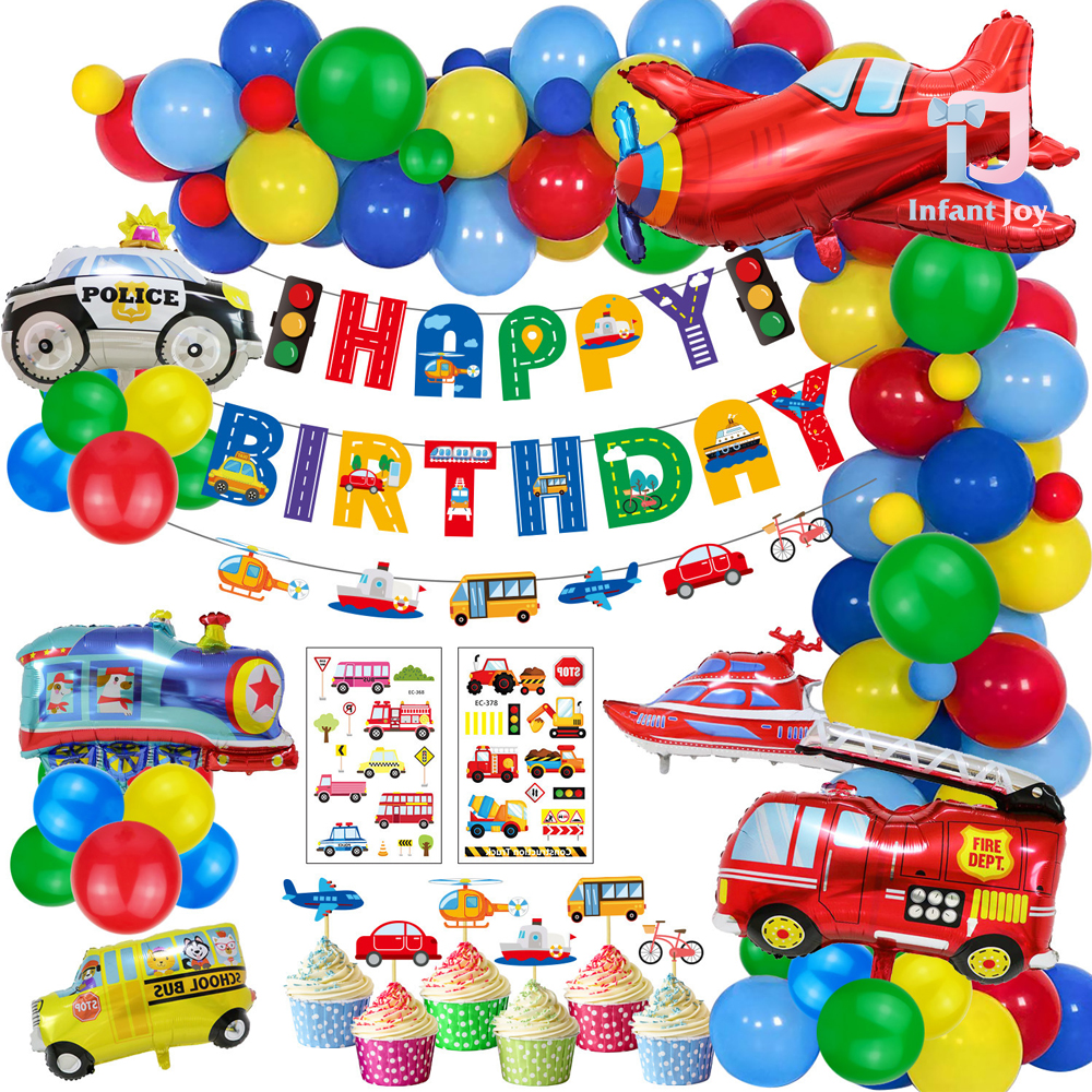 61-piece giant set of balloons, paper accessories and hanging decoration Happy Birthday Ultimate Transportation