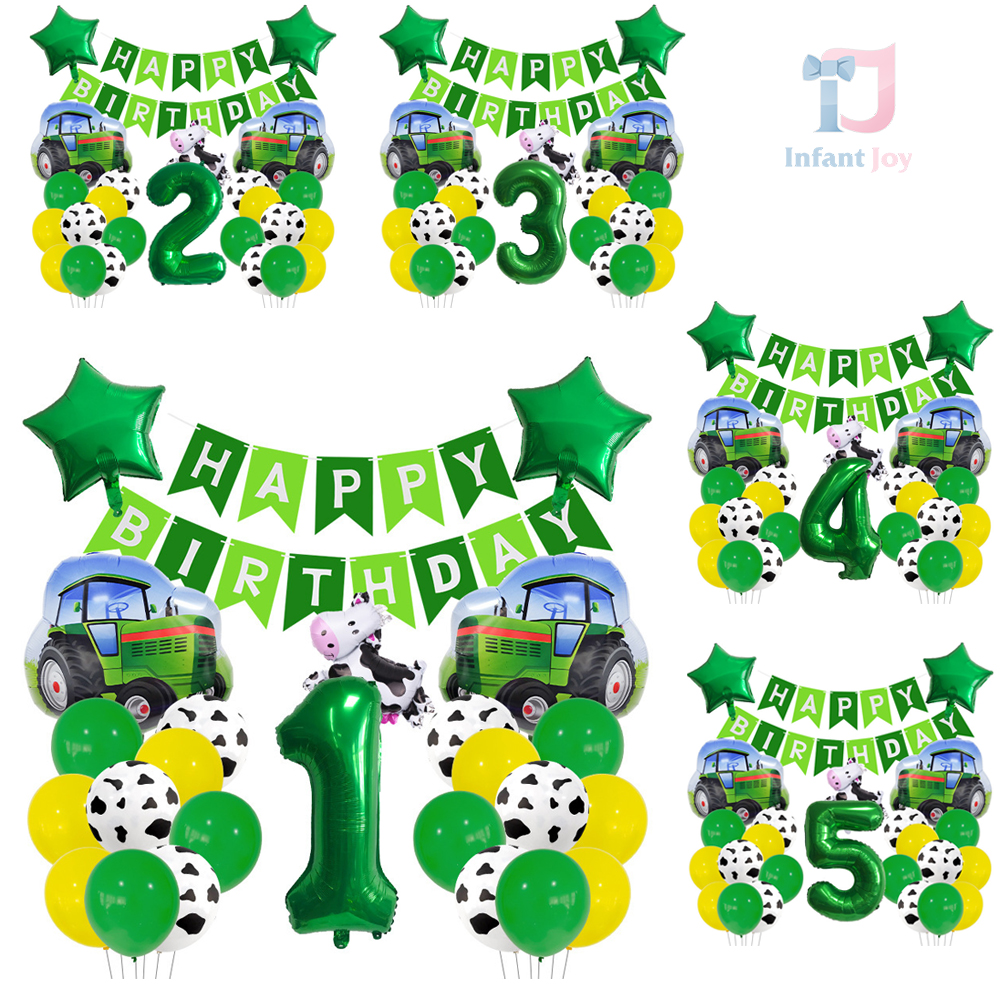 24-piece balloon set (foil and latex) + hanging decoration Happy Birthday Tractor