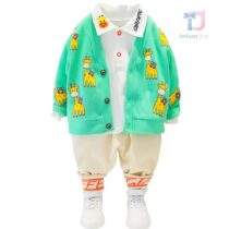 3-piece printed vest, blouse with classic collar and trousers set Green Giraffe
