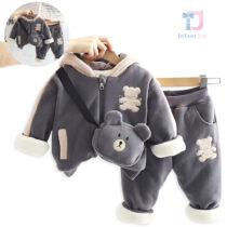 3-piece padded thick fleece set with hood and small bag Fluff Teddy Grey
