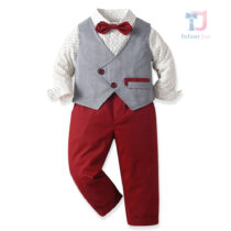 4-piece formal vest with asymmetrical fastening, shirt, bow tie and trousers set Crimson Gent