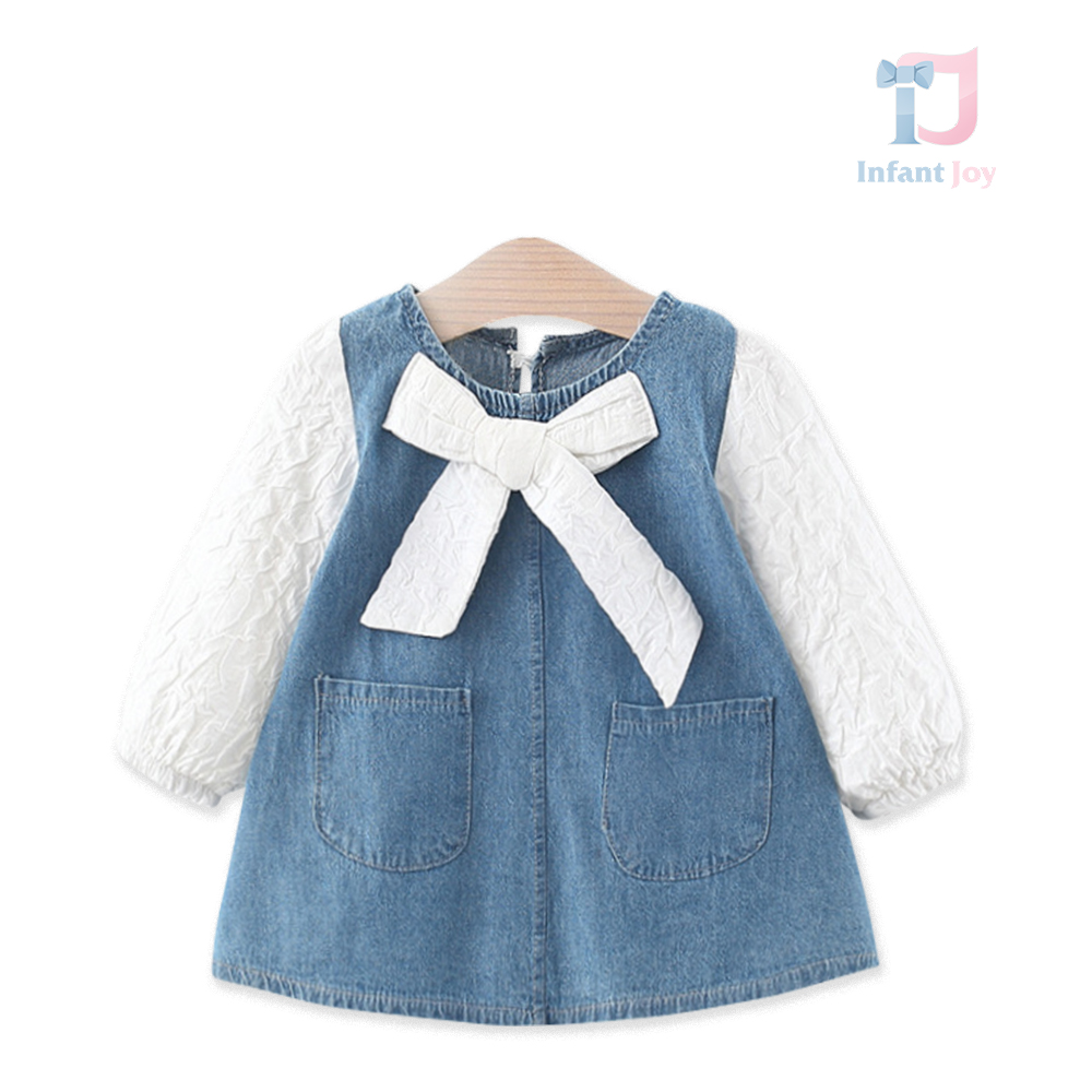 Denim dress with white crepe and bow Denim Bonbon