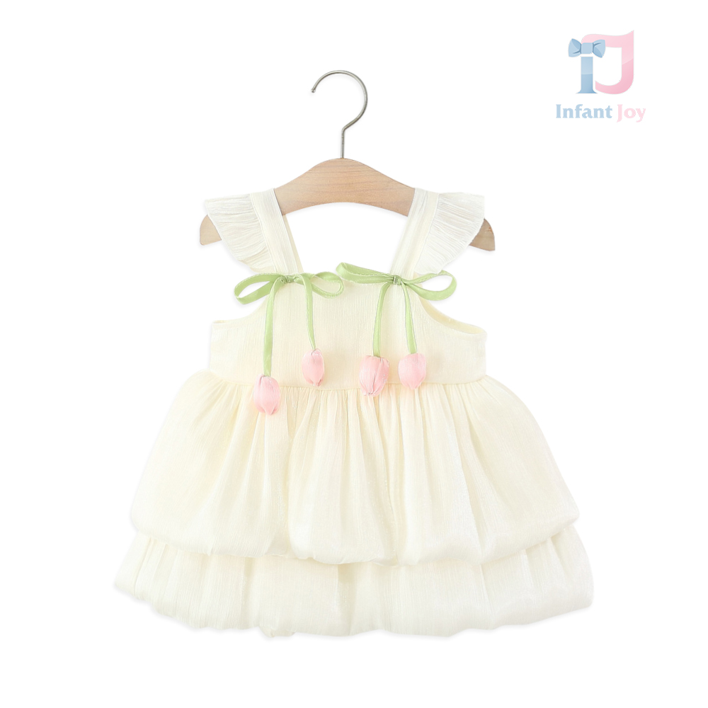 Dress with cascading ruffles, gathering and 3d flowers Daisy Tulip