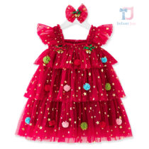 Festive dress with many stars and colorful pom-poms Christmas Tree Red