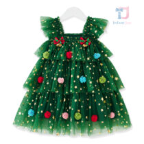 Festive dress with multiple stars and colorful pom-poms Christmas Tree Green