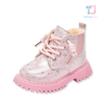 Winter boots with warm padding, laces and multiple chrome-plated stars Shiny Step Pink