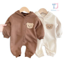 Padded jumpsuit with hood, snap buttons and mini applique Brownie Bear - 2 colors