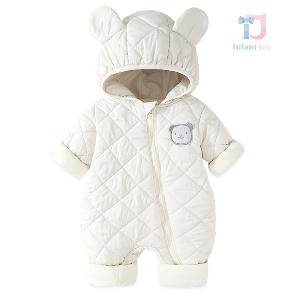 Quilted and waterproof jumpsuit with hood, 3d ears and asymmetrical fastening Polar Bear White