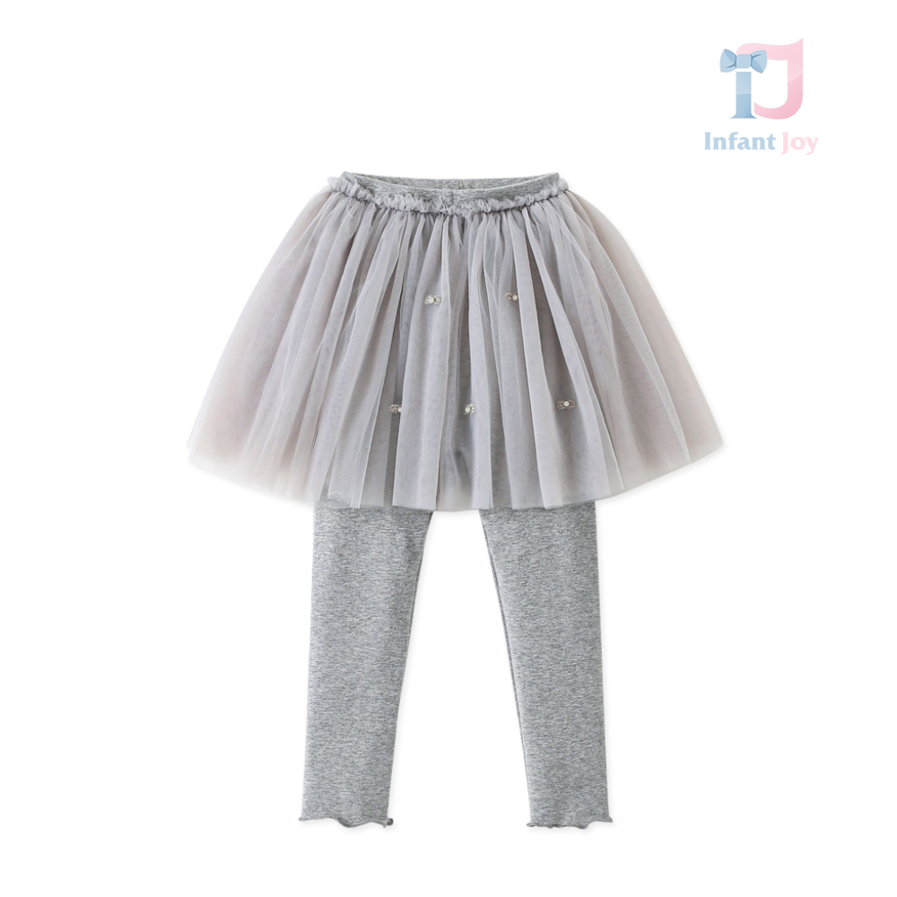 Ribbed leggings with tutu skirt, lace ruffles and delicate embroideries with inlaid stones Ballet Glow Grey