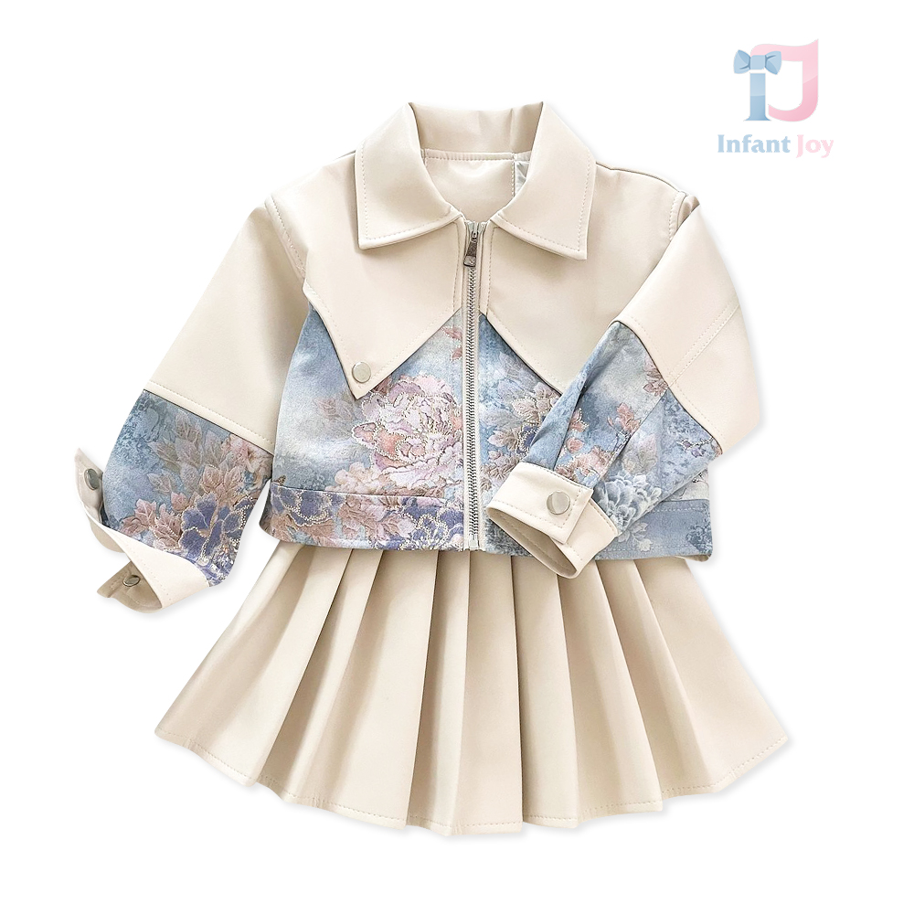 2-piece faux leather jacket and pleated skirt set with floral motif Floral Vogue Vanilla