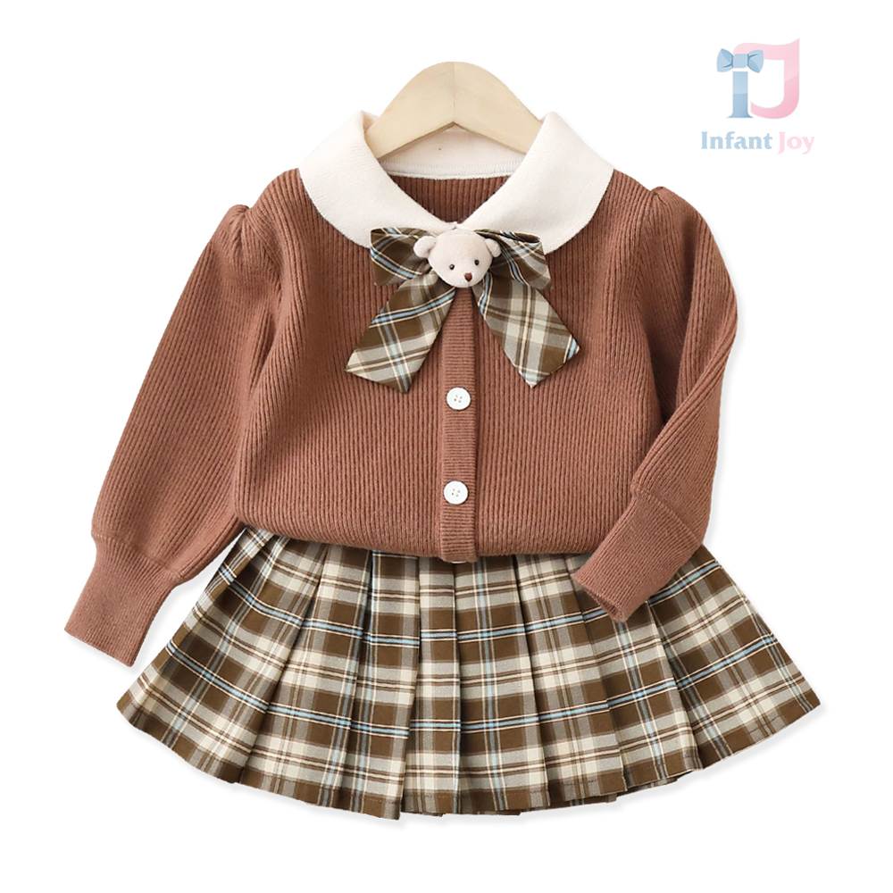 3-piece vest with attached brooch and pleated plaid skirt set Miss Teddy Scholar Mokka