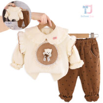 3-piece knitted vest with ruffles, shirt with peter pan collar and denim trousers Bear Ribbon