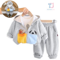 3-piece sports set of sweatshirt with 3D elements, top with print and trousers Doggo Friends Grey
