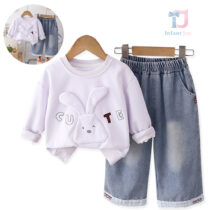 2-piece blouse/sweatshirt and denim trousers set with 3d elements and embroidery Cute Bunny