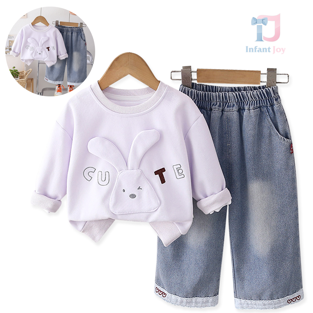 2-piece blouse/sweatshirt and denim trousers set with 3d elements and embroidery Cute Bunny
