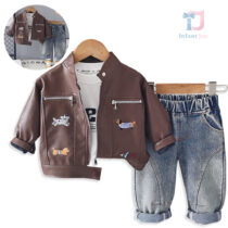 3-piece embroidered faux leather jacket, blouse and denim trousers set Fashion Dogs