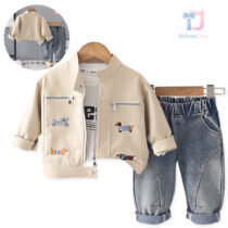 3-piece set with embroidered faux leather jacket, blouse and denim trousers Fashion Dogs Beige