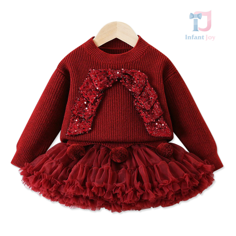 2-piece premium sweater with 3d sequin bow and skirt with full tutu petticoat Ruby Charm