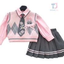 4-piece premium elegant vest with plush applique, shirt, pleated skirt and tie set Student Bunny