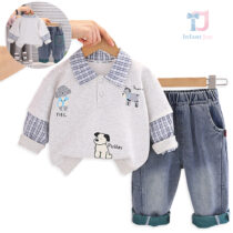 2-piece sporty-elegant blouse with attached shirt-style collar and denim trousers set Tiny Crew