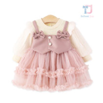 Dress with attached eco leather top, puff sleeves and rich tulle tutu skirt with ruffles Angel Tulle Pink