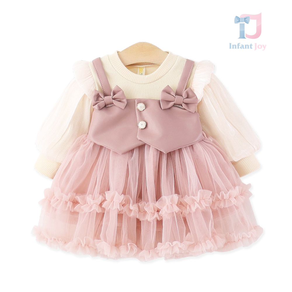 Sukienka z doszytą górą ze skóry ekologicznej, bufiastymi rękawami i bogatą spódnicą z tiulu tutu z falbankami Angel Tulle Pink