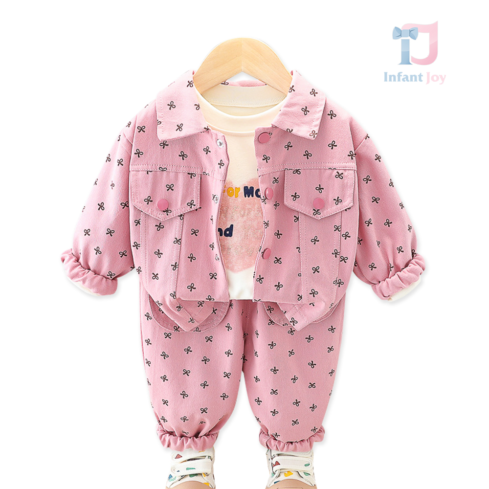 3-piece denim set with classic collar and eye-catching pattern Be Happy Pink