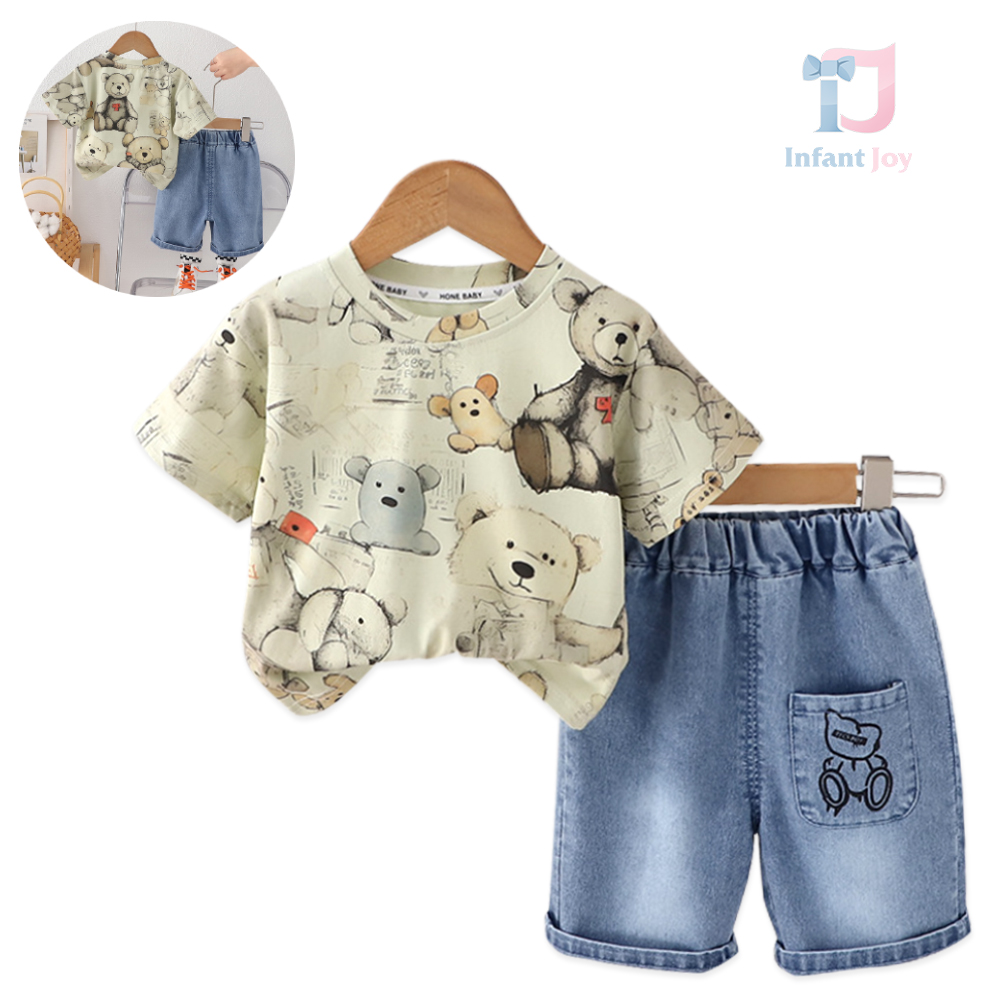 2-piece t-shirt with multiple bears and short denim trousers Bear Buddy Green
