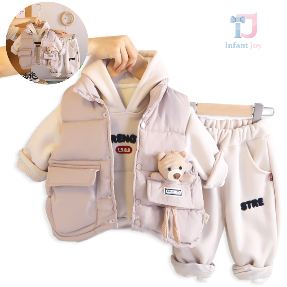 3-piece padded sporty set of quilted vest with teddy bear toy, hoodie sweatshirt and trousers Bearestre