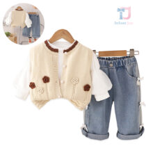 3-piece cardigan with 3d flowers, blouse with puff sleeves and denim trousers with bows Beige Aura