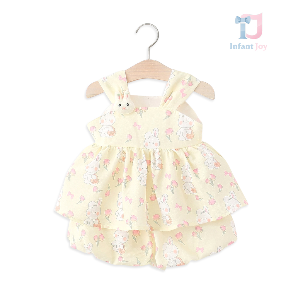 2-piece a-line top with gathers, 3d bunny and double-layered short shorts Blush Sunny Bunny
