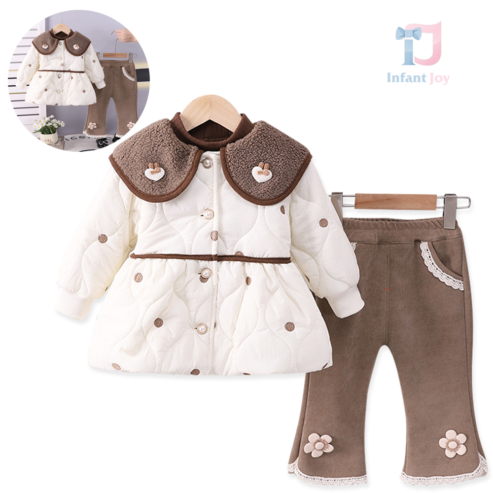 3-piece padded set with quilted parka with Peter Pan collar, ribbed blouse and denim trousers Butter Bloom White