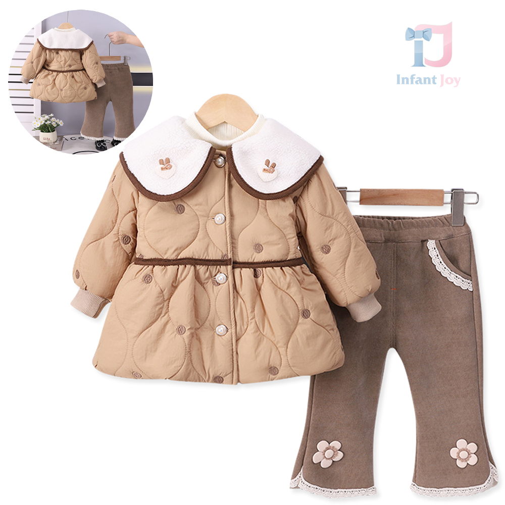 3-piece quilted parka with peter pan collar, ribbed blouse and denim trousers Butter Bloom