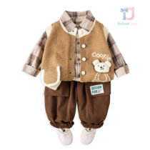 3-piece knit vest, plaid shirt and trousers set Cookie Design Caramel