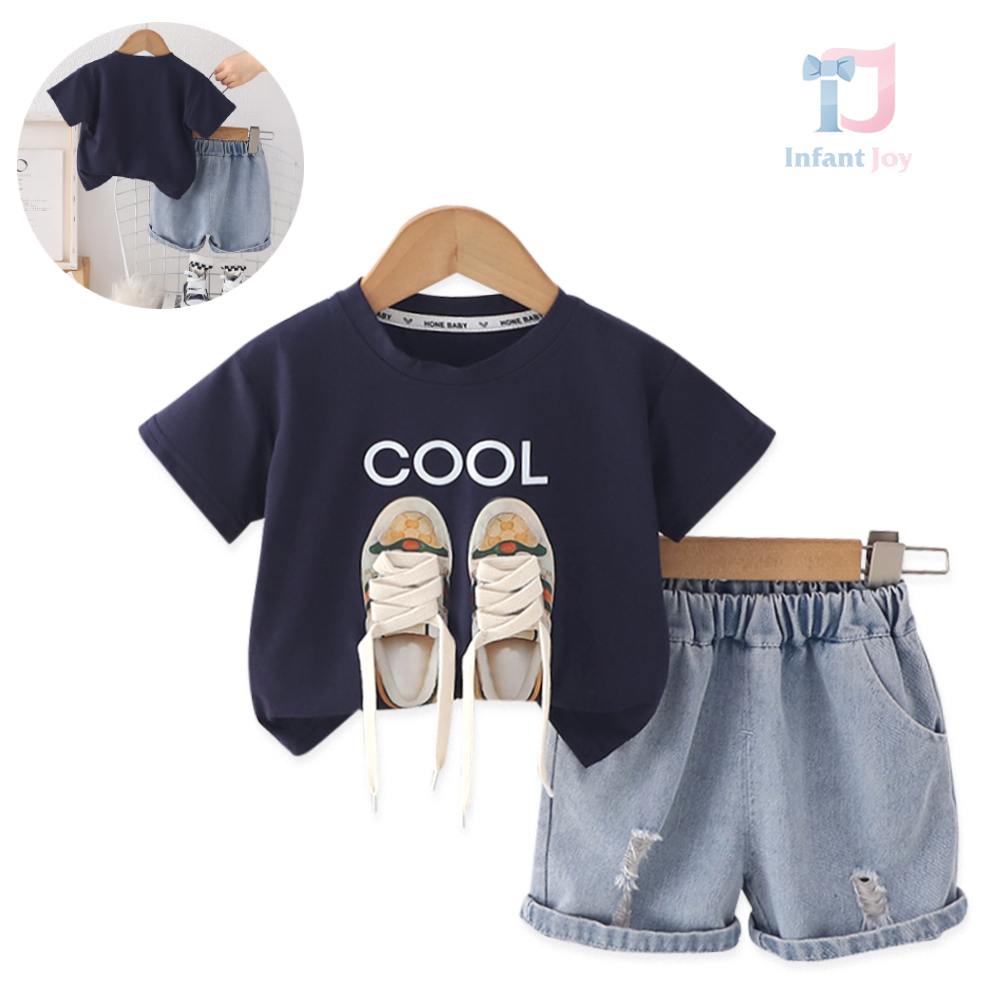 2-piece t-shirt and denim shorts set with 3D decoration Cool Boy Blue