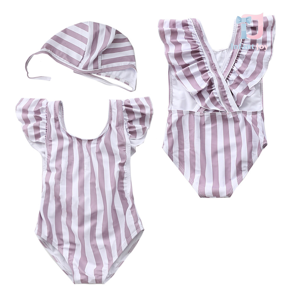 2-piece swimsuit set with shoulder ruffles, criss-cross straps and hat Salted Lavender