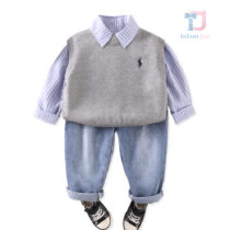 3-piece sporty-elegant set of shirt with classic collar, knitted vest and denim trousers Denim Class