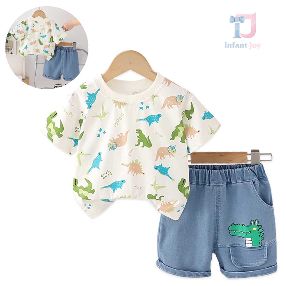 2-piece t-shirt with modern prints and short denim trousers DinoMite