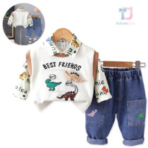 3-piece sport-elegant set of vest with 3d elements, shirt with prints and denim trousers Dinos Best Friends