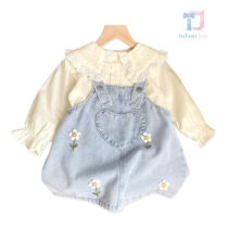 2-piece denim pinafore dress and shirt set with puff sleeves and peter pan collar Little Romance