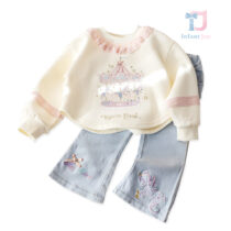 2-piece crop blouse/sweatshirt with puff sleeves and denim trousers with embroidery Fun Park