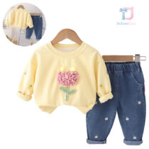 2-piece set with embroidery, knitted 3D appliqué and denim trousers Gorgeous Tulip Yellow