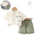 2-piece sporty-elegant set with dinosaur, pocket and striped shorts Green Roamer