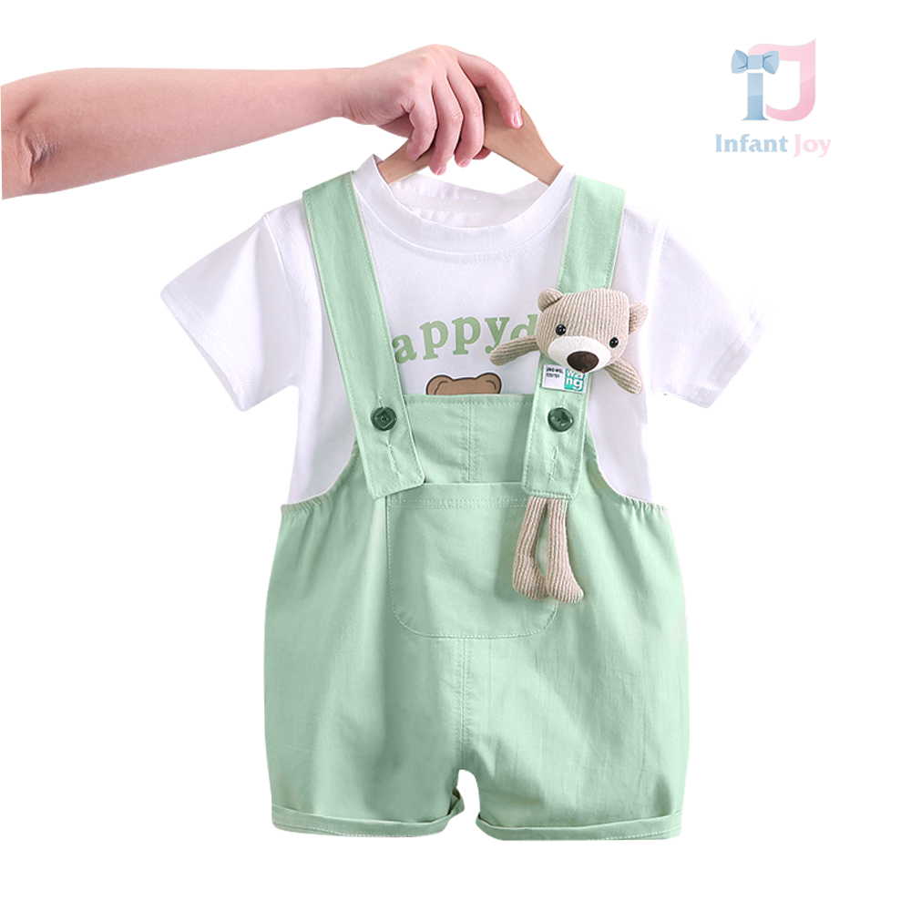 3-piece romper and 3d teddy bear brooch set Happy Day Green