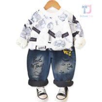 2-piece padded set of sweatshirt and denim trousers with multiple prints Hi Street