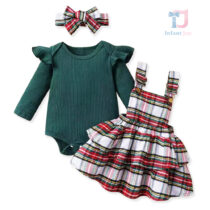 3-piece festive set of bodysuit, pinafore dress and headband Christmas Joy Pinafore Green