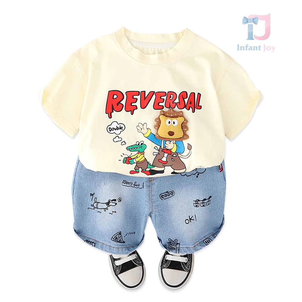 2-piece t-shirt with prints, 3d element and denim shorts set Lion Reversal Vanilla