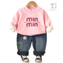 2-piece padded blouse/sweatshirt with leopard print and denim trousers set Mini Panther Pink