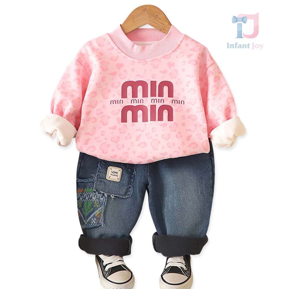 2-piece padded blouse/sweatshirt with leopard print and denim trousers set Mini Panther Pink